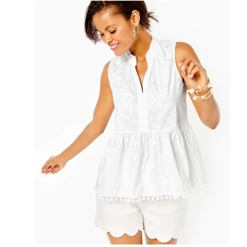 NWT Lilly Pulitzer Novella Ruffle Hem Top Jungle Cabana Resort White M